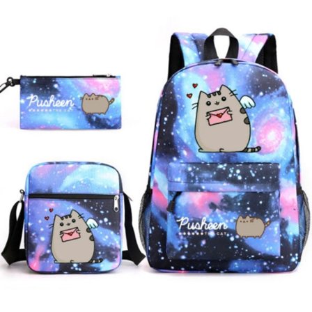 Pusheen 3-delars Set Ryggsäck Mochila Barnväskor med Kapacitet, Tecknad Casual Ryggsäck Personligt Mode Gata Trendig Utomhusryggsäck