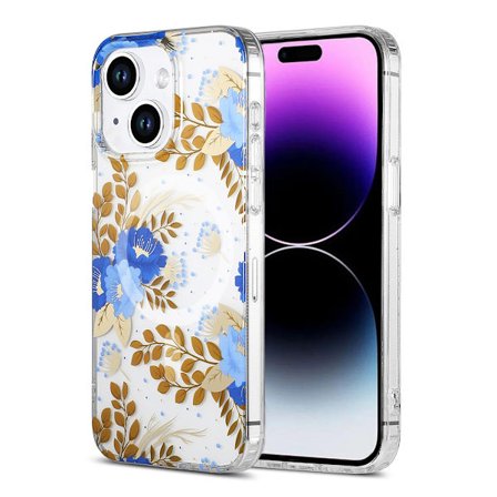 iPhone 14/15 Plus Case MagSafe - Flowers Blue/Gold