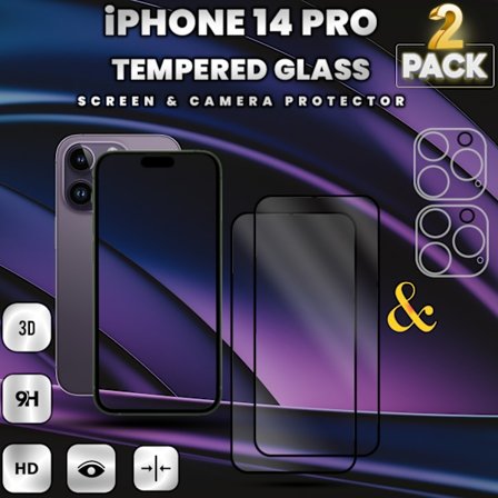 2-Pack iPhone 14 Pro-Skärmskydd & 2-Pack linsskydd -Härdat glas