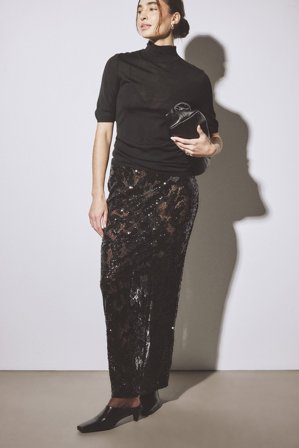 NA-KD Maxirock aus Spitze mit Pailletten - Party-Sets Silvester - Schwarz - L (EU 42-44)