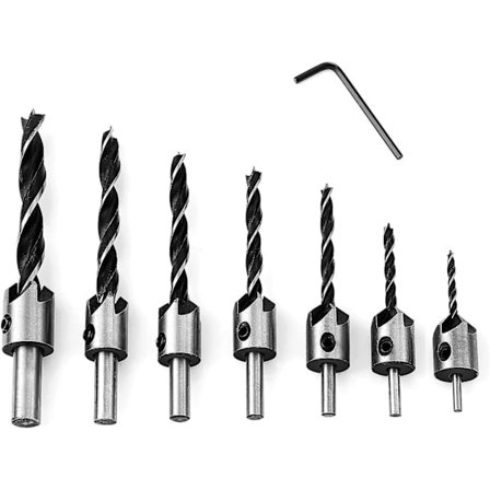 7-pack med HSS försänkare träborr kärnborrning fasade försänkta bits träborrar med försänkning och djupstopp 90 försänkta bits (3-10mm)