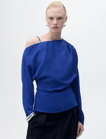 Mango Asymmetrical Gathered Blouse - Navy - S