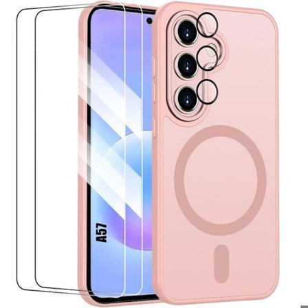 Cover til Samsung Galaxy A57 5G, med magnetisk cirkel og kameraglas - Rosa - 2 hærdede glas