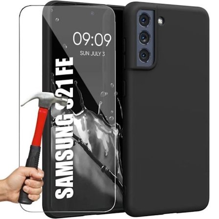 Siliconfodral - Booling - för Samsung Galaxy S21 FE - Svart - 2 Härdat Glas - Slim Skydd