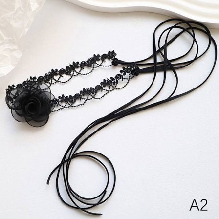 Fairy Style Temperament Black Camellia Choker Long Ribbon Vinta