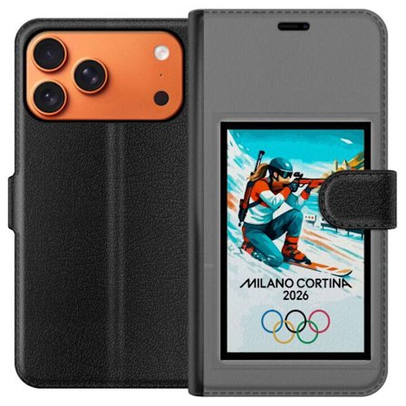 Yhteensopiva Lompakkokotelo Apple iPhone 17 Pro Max Retrojuliste Cortina Milano 2026 vuorilla, talviurheilijoilla, italiankoloreilla, Milanon tuomioki