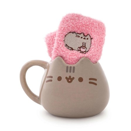 Pusheen Dame Krus og Sokker Gaveeske Brun 3D Ansikt - Overraskelsesgave One Size