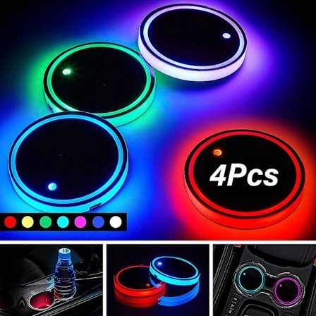 4 stk. LED-bilkoppholdere med 7 farger skiftende USB-ladematte LED vanntett koppholder LED interiør atmosfærelampe dekorasjoner med USB-kabler f