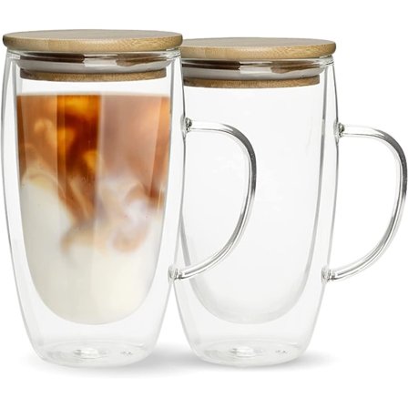 JUSCH Dobbeltvæggede Kaffekopper i Glas Unikke Isolerede Kaffekopper Med Håndtag Og Bambuslåg, Klare Glas Kopper Til Kaffe Te Latte Cappuccino Esp