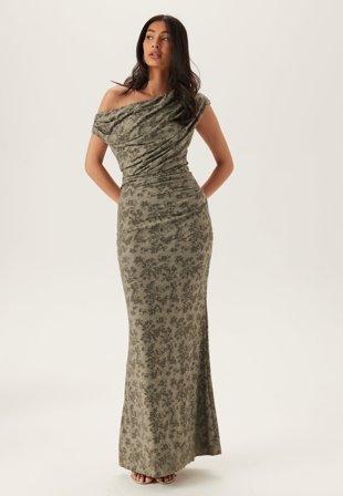 Bubbleroom Occasion - Asymmetric Draped Burnout Maxi Dress - Light khaki green