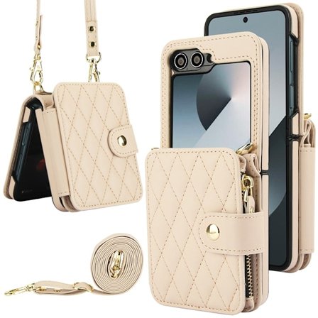 Fodral för Samsung Galaxy Z Flip 6, med plånboksfodral i läder med rem (Aprikos)