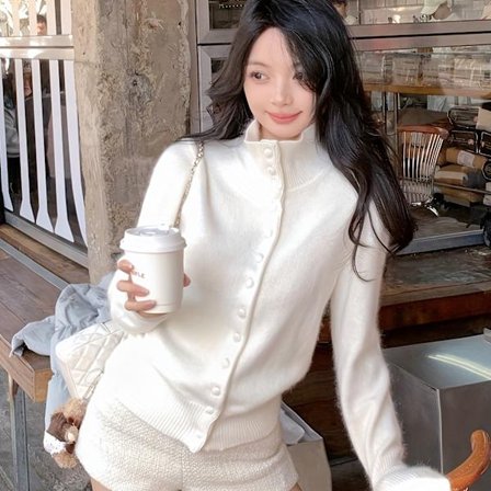 Dame Semi-Højhalset Enkeltknappet Blød Sweater, Vinter Minimalistisk Figursyet Cardigan