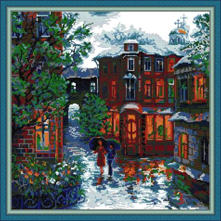 Korsstingsett med trykt fullt utvalg av broderistartersett for nybegynnere DIY 14CT 2 tråder -in The Rain(Printed) 18,5×18,5 tommer