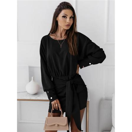 Knot Front Belt Solid Bodycon Dress Autumn Drop Shoulder Long S