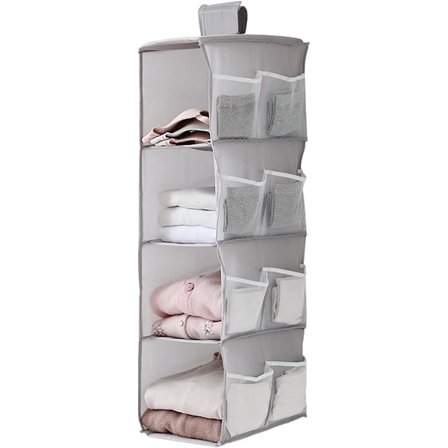 Hängande hylla 4 fack, hängande organiser skåp med 12 nätfickor på sidan (grå)
