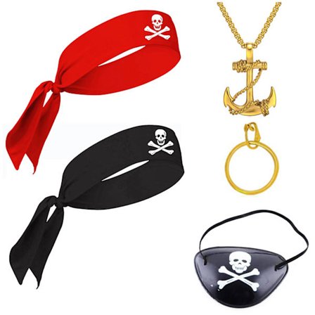 5-delt piratkostume tilbehørssæt, creoler, piratøjenlapper, pirattørklæde, vintage pirathalskæde, piratkaptajnklædning