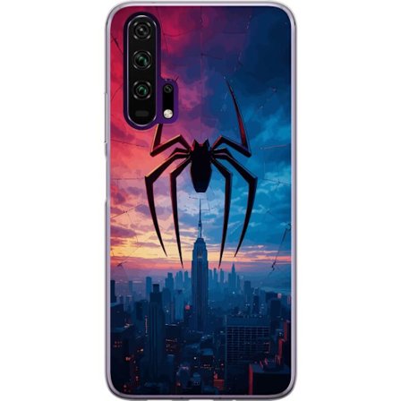 Kompatibelt Mobildeksel til Honor Honor 20 Pro Stilisert edderkopp over bysilhuett i dramatisk solnedgang, grafisk fantasyillustrasjon med sterke far