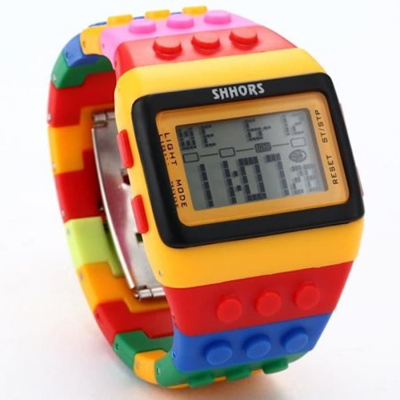 Kvartsur med LED-display, gul urtavla, färgglad armband LED091