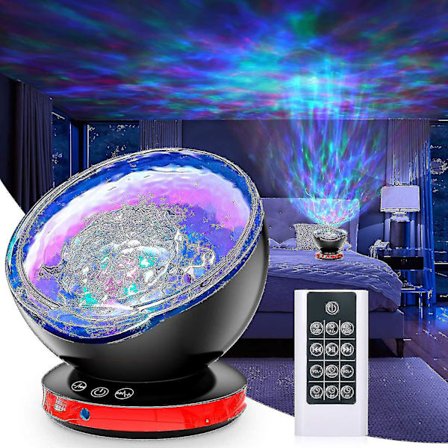 Rl LED-projektorlampe, barnevennlig havbølgeprojektor nattlys med kontroll, timer, 8 fargemoduser, 6 musikk