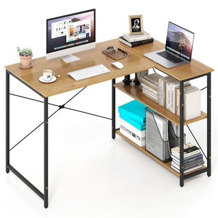 COSTWAY Vinkel skrivebord med 2 justerbare hylder - Robust metalramme 118 x 86 x 74 cm Naturlig