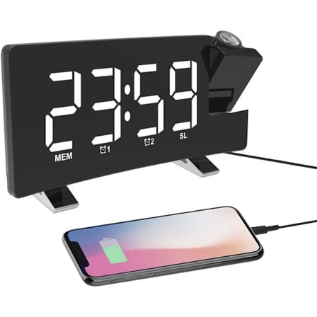 Projektionsvækkeur LED-skærm 4 justerbar lysstyrke Digitalt radiovækkeur med USB-telefonoplader Vækkeur med 2 alarm snooze-funktion Grøn