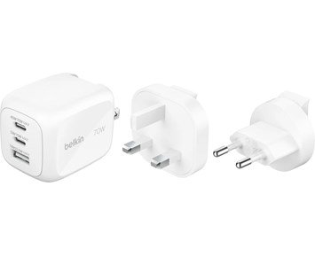 Belkin 70W 3-Port GaN Wall Charger with EU UK US Plugs - Smidig reseladdare med utbytbara kontakter & 3 portar