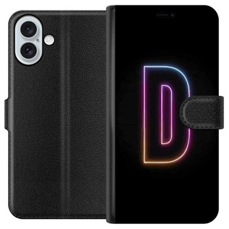 Kompatibel Tegnebogsetui til Apple Apple iPhone 16 Plus Minimalistisk neonbogstav D i farveskiftende lys mod sort baggrund i moderne digital design