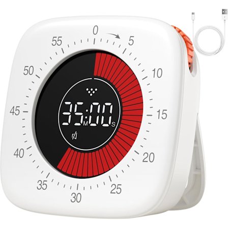 Visuel Timer Genopladelig, Digital Timer med 4 Alarmtilstande, Forbedret 60 Minutters Tidtagning (Hvid)