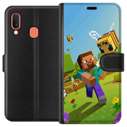 Kompatibel Tegnebogsetui til Samsung Samsung Galaxy A20e Minecraft Steve med skraldespand i farverig blokverden legende spilillustration fra Minecraft