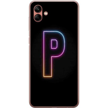 Kompatibel Mobilcover til Samsung Samsung Galaxy A04 Minimalistisk neonbogstav P i farvegradient og lyseffekt mod sort baggrund i digital neonstil