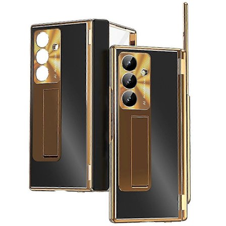Til Samsung Galaxy Z Fold7 5G Telefon Cover Holder Dobbelt Hængsel Aluminium Legering Telefon Cover med Hærdet Glas (Guld Sort)