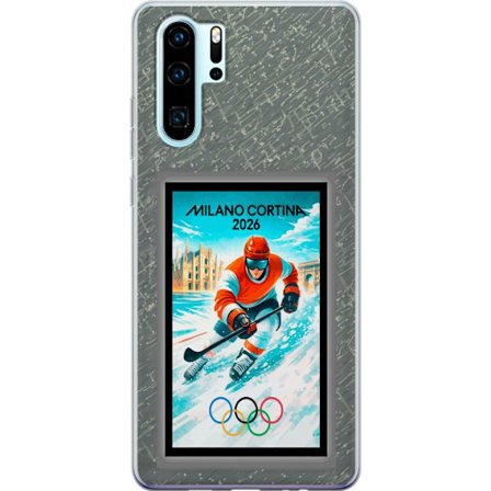 Kompatibel Mobilcover til Huawei P30 Pro Curling illustration med spillere og sten på isen, Milano Cortina 2026, snedækkede stænk og olympiske ring