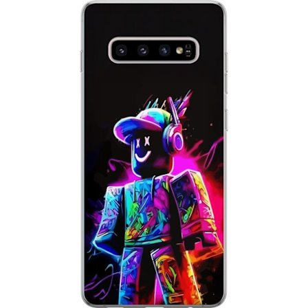 Kompatibel Mobilcover til Samsung Samsung Galaxy S10+ Farverig Roblox-spiller i neonfarver mod sort baggrund i moderne gamingstil