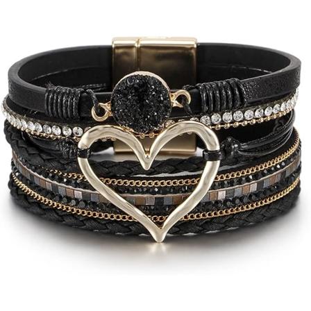 Leopardarmbånd for kvinner, Boho lær innpakning flerlags perle krystall armbånd bangle smykker