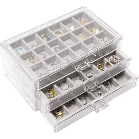 Akryl Smykkeskrin til Kvinder med 3 Skuffer Justerbar Smykke Organiseringsboks til Ringe Øreringe Halskæden Stabelbar