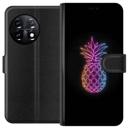 Kompatibelt Lommeboketui til OnePlus OnePlus 11 Neonlysillustrasjon av ananas i fargerikt lys mot svart bakgrunn