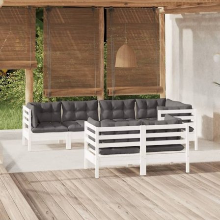 Loungegrupp med dynor 7 delar vit massiv furu