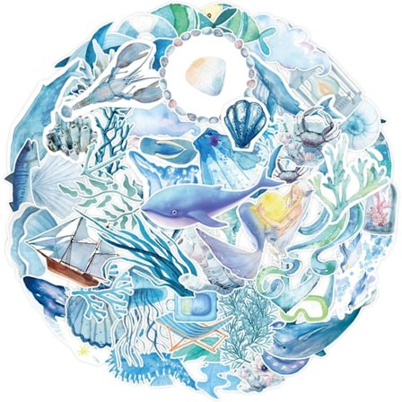 50 stk. blå strandhavs-klistermærker til vandflasker, bærbare computere, scrapbøger - Marine livsbiologi-mærkater, havdyrshaj, vandmand, 