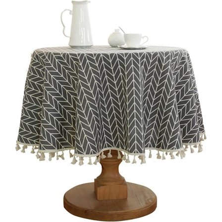 Rund Duk - Duk med randiga tofsar gjord av bomull & linne - Tvättbar duk