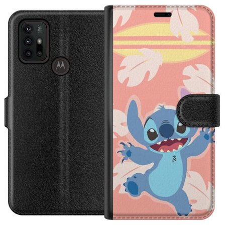Kompatibel Tegnebogsetui til Motorola Moto G30 Glad illustration af Stitch der hopper foran lyserød baggrund med surfbræt