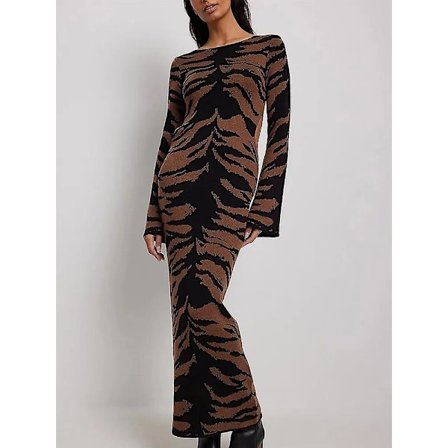 Sommar Kvinna Randig Stickad Maxi Kläder Elegant O-ring Flare Långärmad Bodycon Kläder Dam Mode Streetwear Party Kläder