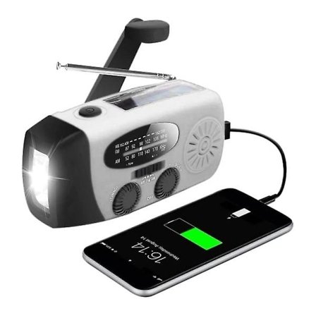 Vevradio med solceller / ficklampa - 2000mah Powerbank - Silver