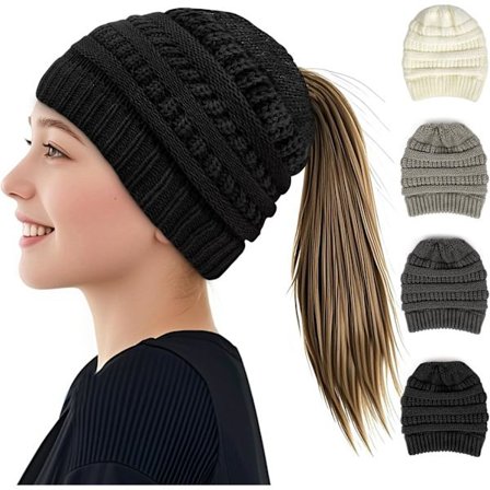 Strikket lue for kvinner, elastisk myk kabelstrikket lue med hull for kvinner, stilig termisk varm vinter hestehale strikket lue, slouchy