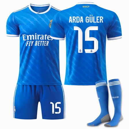 25-26 Real Madrid CF Udebane Tredje NO.15 Arda Güler Børn Voksen Fodboldtrøje Sæt Udstyr Med Strømper
