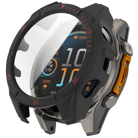 Garmin Fenix 8 43 mm klokkeveske med PC-ramme og skjermfilm i herdet glass - Svart + Rød