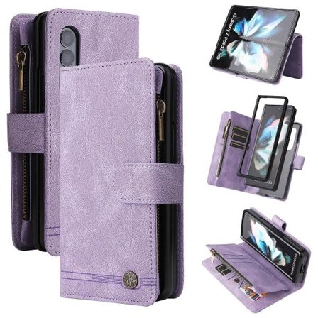 Etui Kompatibelt med Samsung Galaxy Z Fold 3 5g Læder Flip Etui Med Kreditkort Holder Pung Lomme Magnetiske Knapper Etui Støtteben Shoc Lilla A