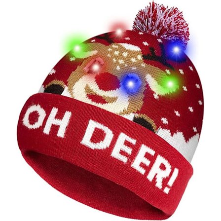 Ljusupplyst Julhatt, Glow In The Dark Julmössa med Utbytbart Batteri, 6 Färgglada Ljus, Julstickad Mössa