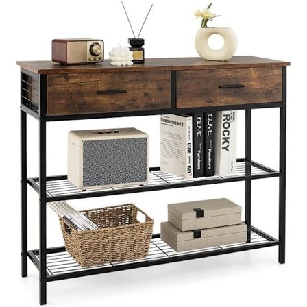 COSTWAY 2-tasoinen konsolipöytä, 2 laatikkoa - 100 x 30 x 81,5 CM, teollinen tyyli. Metallikehys, rustiikkinen ruskea eteispöytä