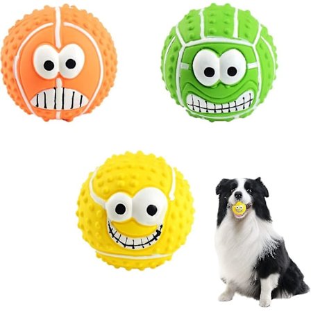 3 stk. Pipende hundeballer, Smiley Face Latex Hund Pipende Tyggleke, 3,1 tommer myke sprettende apportballer for mellomstore små kjæledyr