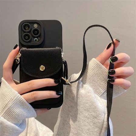 Kotelo iPhone 17:lle, musta korttipidike + nahkainen crossbody-hihna, putoamista estävä korttipidike, crossbody-kaulanauha